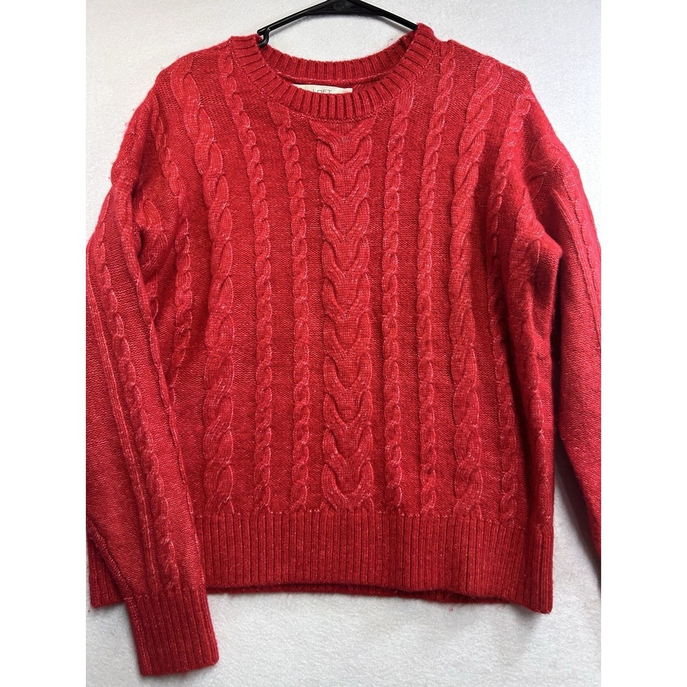 LOFT Red Solid Cable-Knit Crewneck Long Sleeve Knit Pullover Sweater Women's M